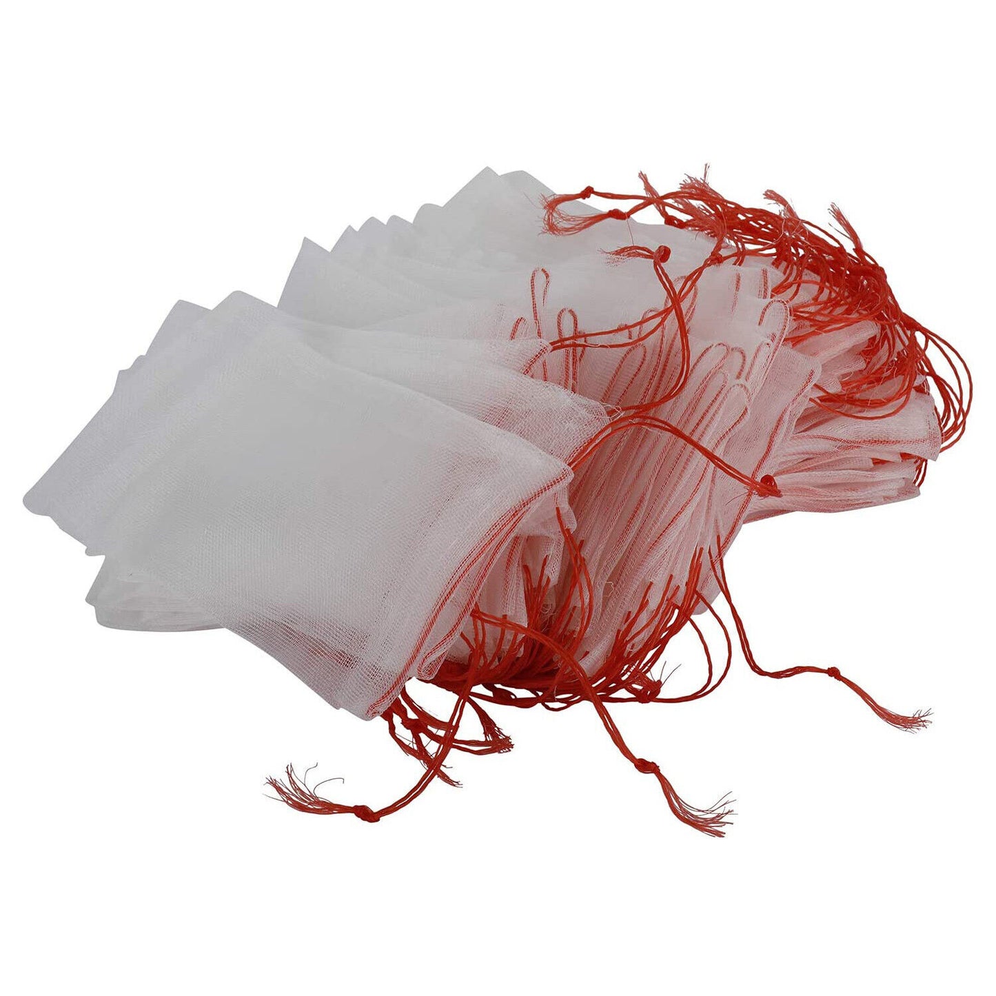 Pile of white mesh drawstring bags with red cords, perfect for gardening and produce storage