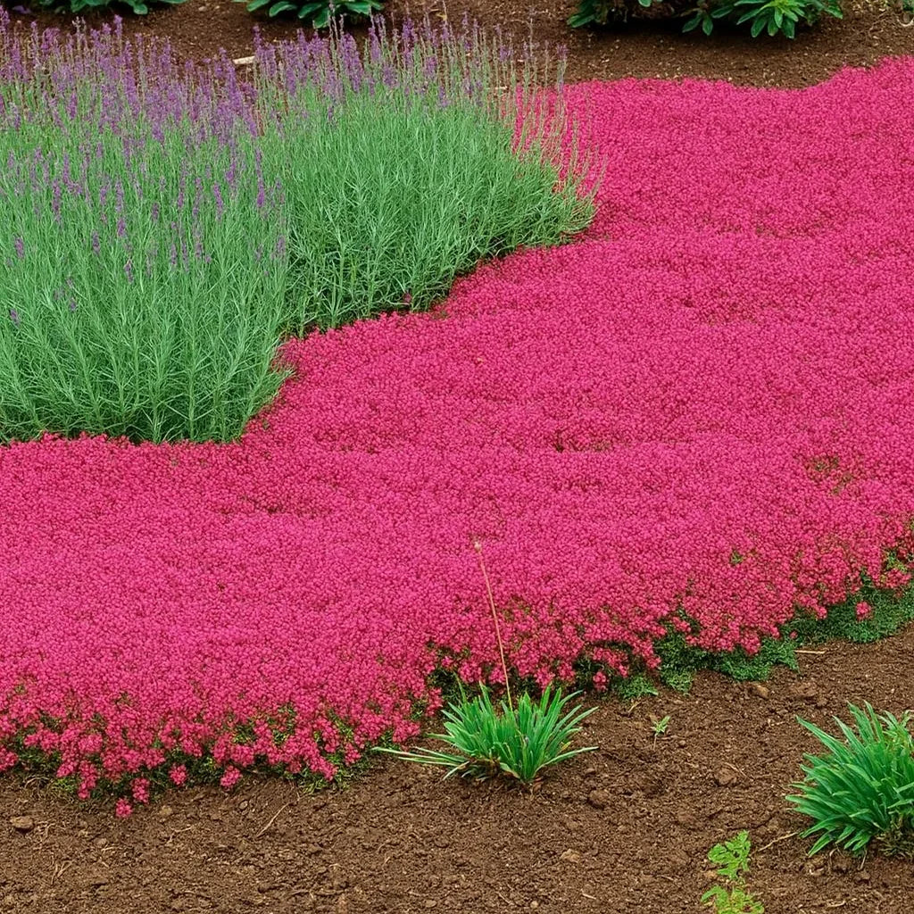 Garden ground cover with Red Creeping Thyme