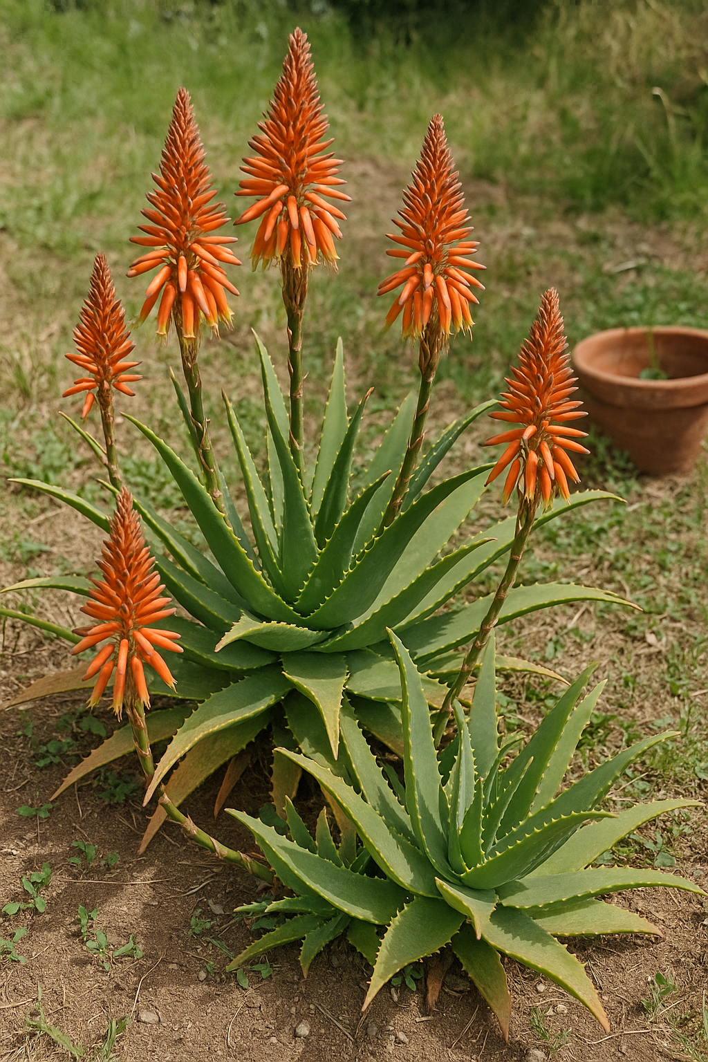 Aloe Arborescens plant blooming with red-orange flower spikes