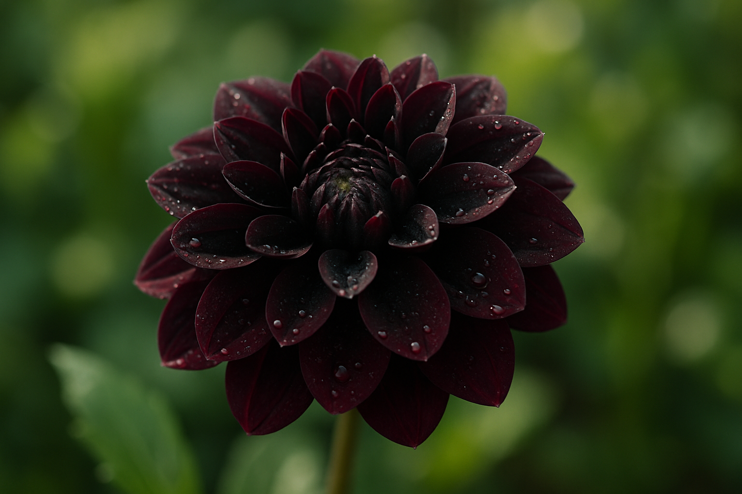 Close-up of a black dahlia flower with dewdrops on its petals in a green garden background