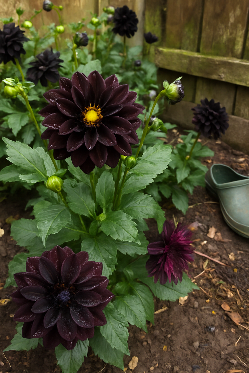 Cluster of black dahlia flowers blooming