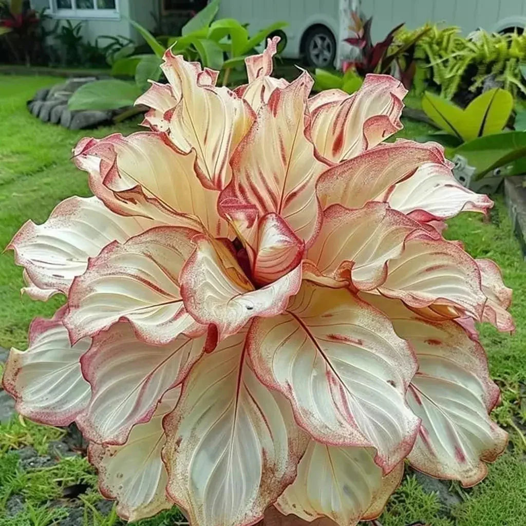Creamy white Calathea with curly edges and pink veins