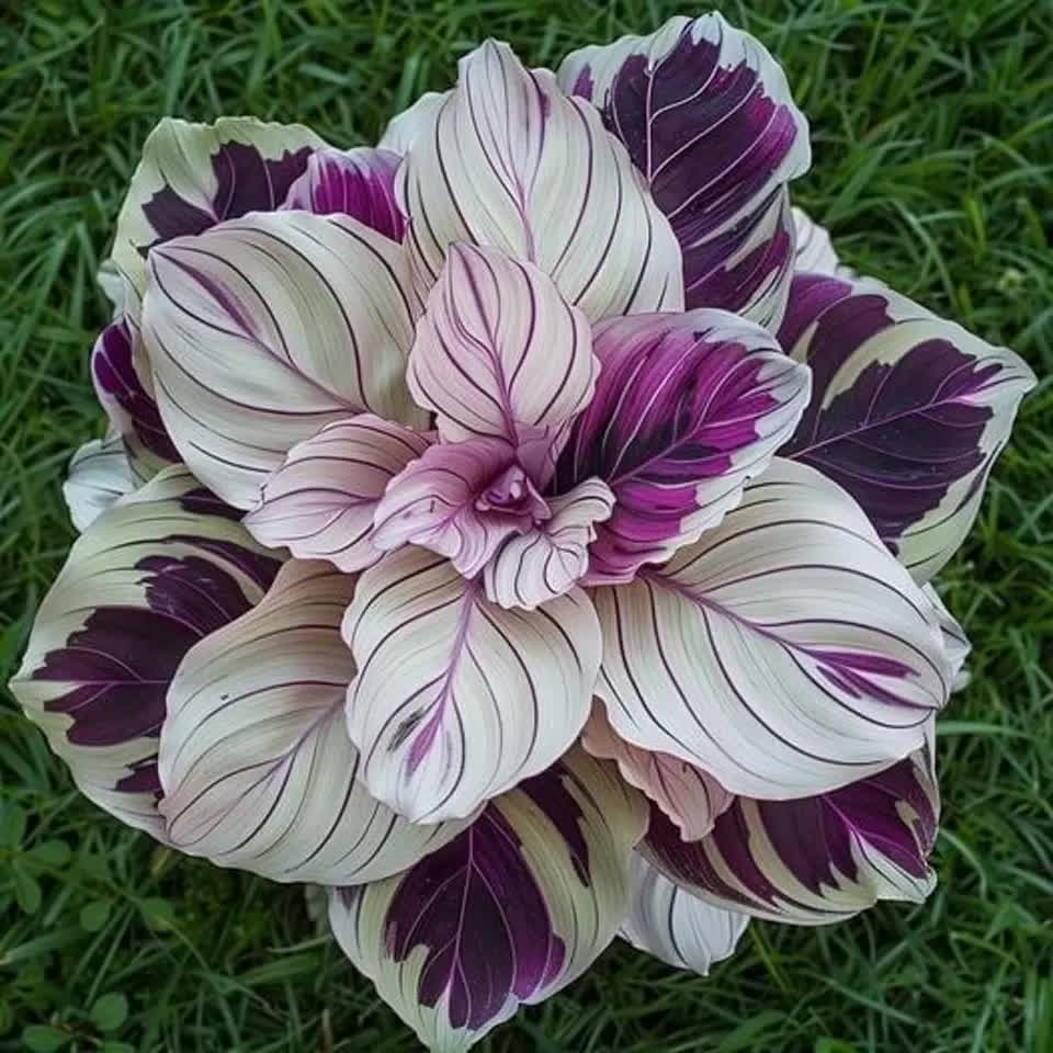 Calathea with white and purple striped foliage