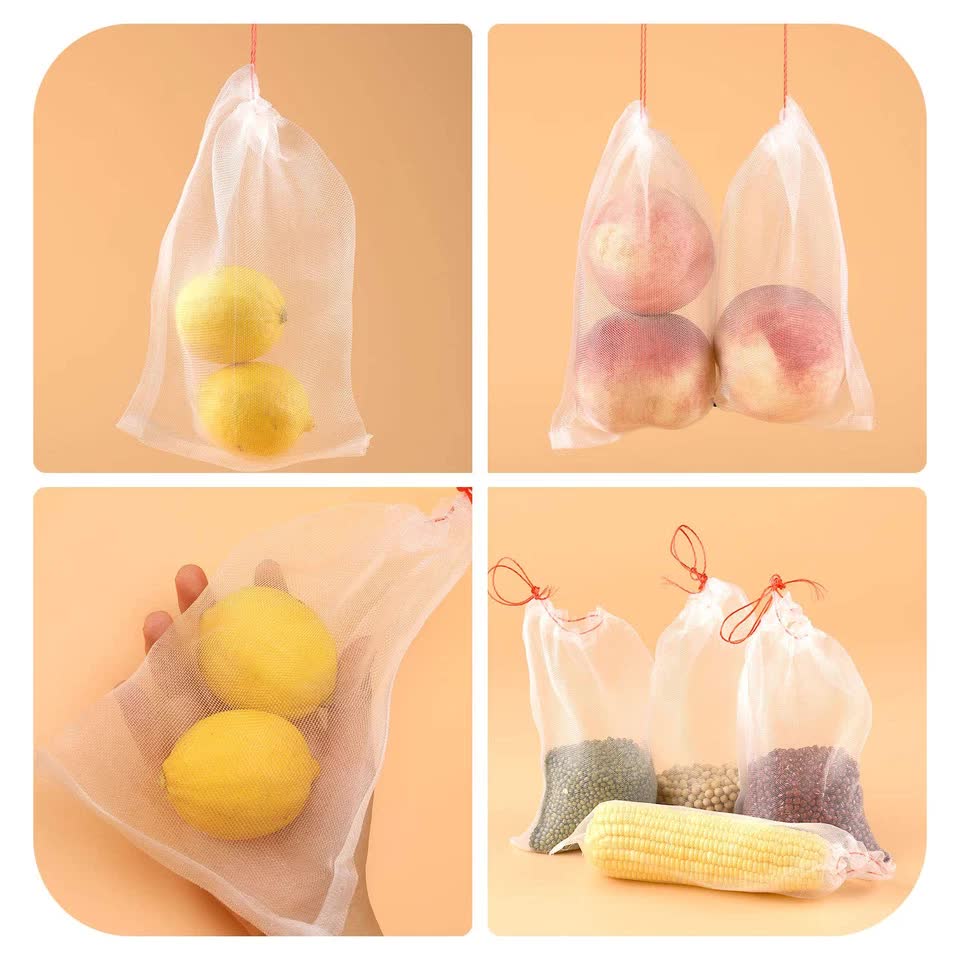 White mesh drawstring bags holding lemons and grains, shown in storage and hanging display
