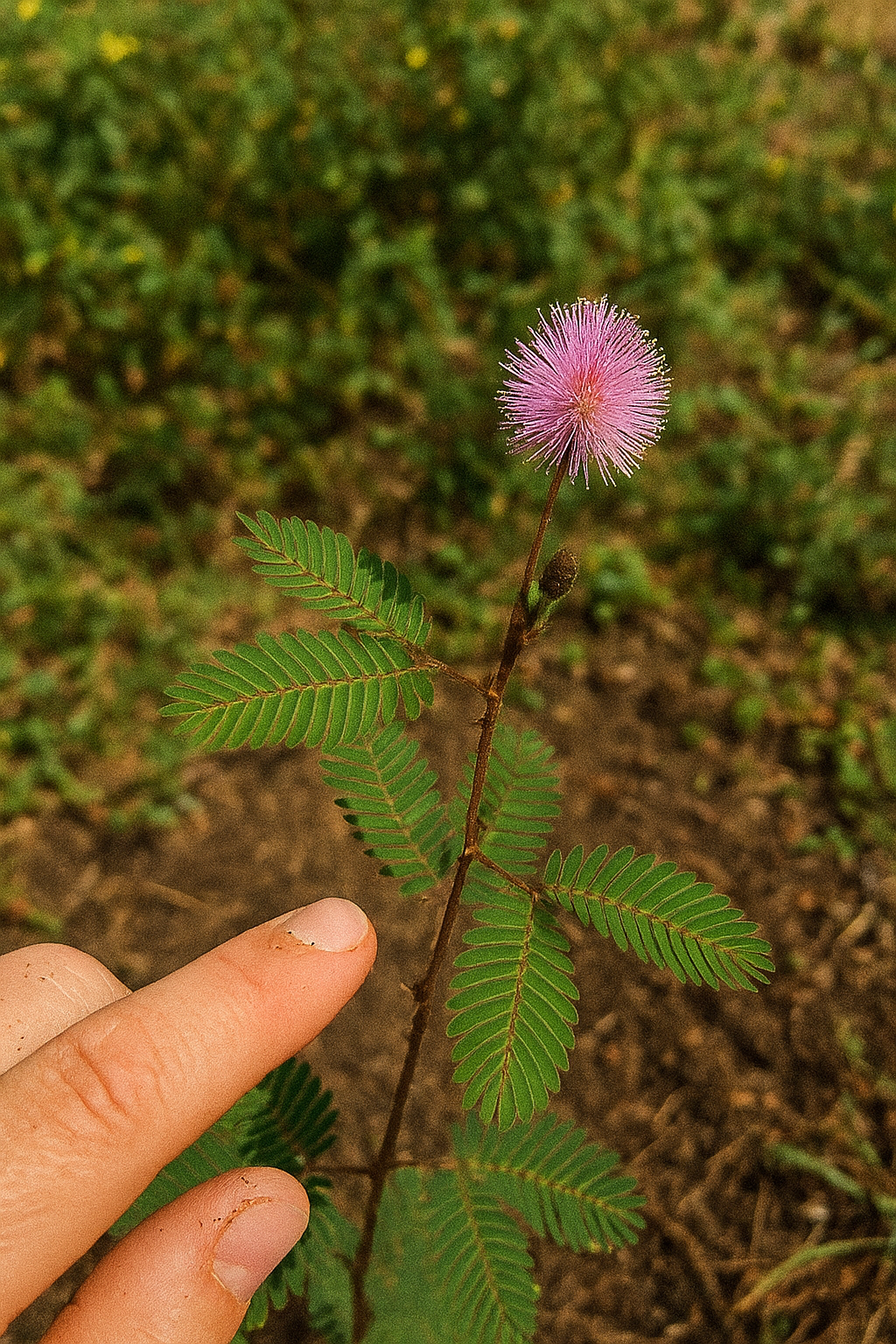 Hand holding a Mimosa pudica stem with a pink puffball flower against natural background