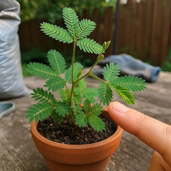 Healthy Mimosa pudica in a terracotta pot on a patio, leaves fully open