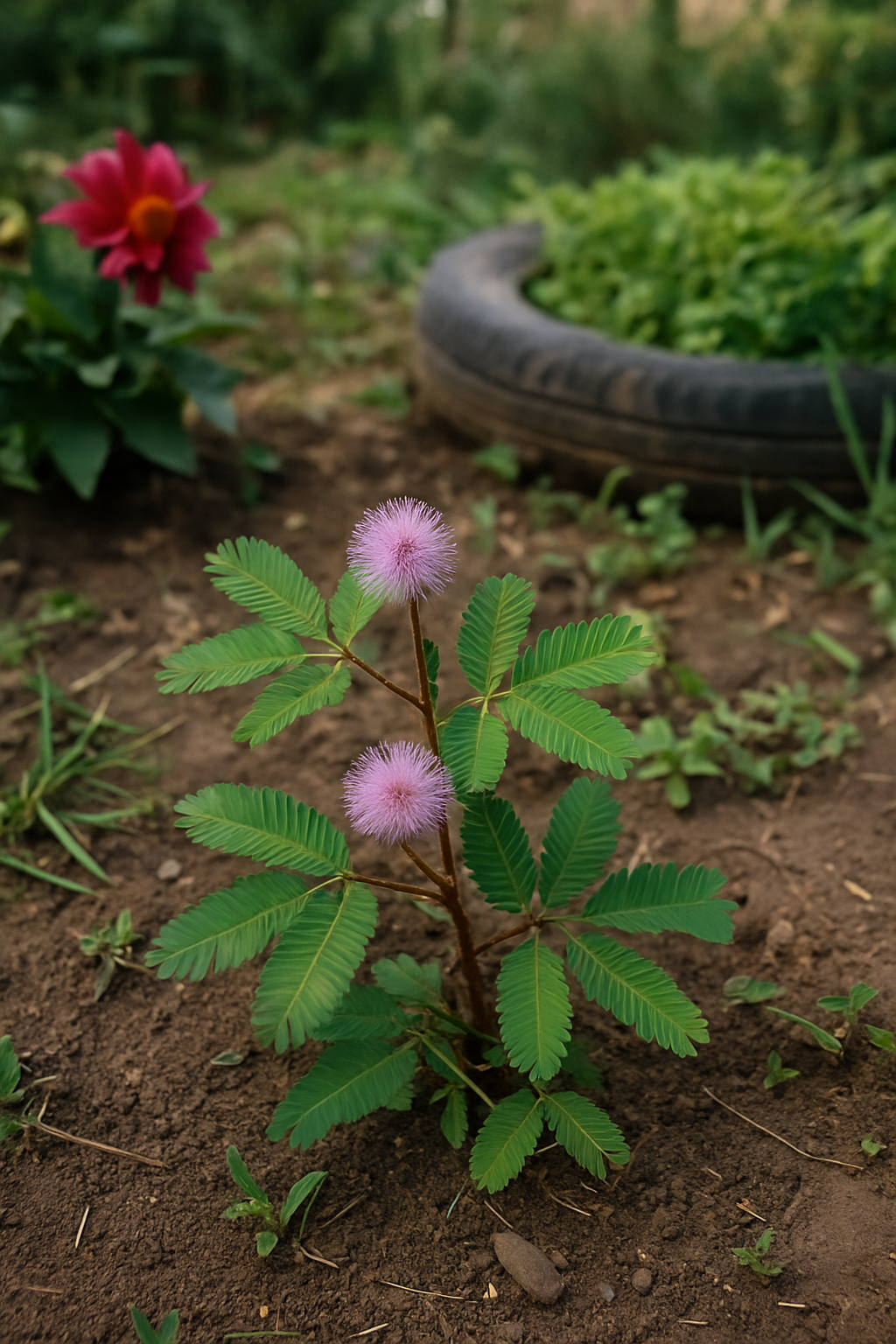 Young Mimosa pudica growing in garden soil with a blurred red flower in the background