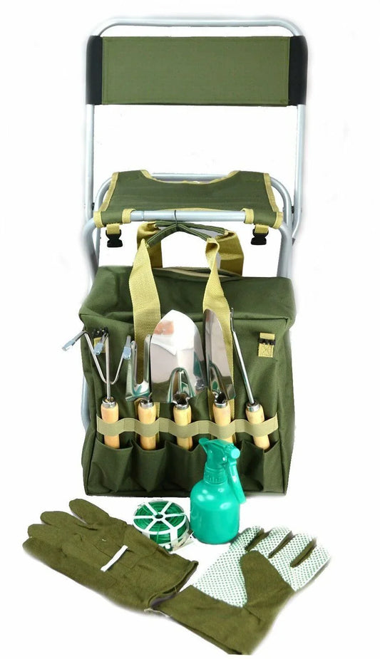 10 Pieces Gardening Tool Set with Detachable Tote and Folding Stool Seat - Seed World