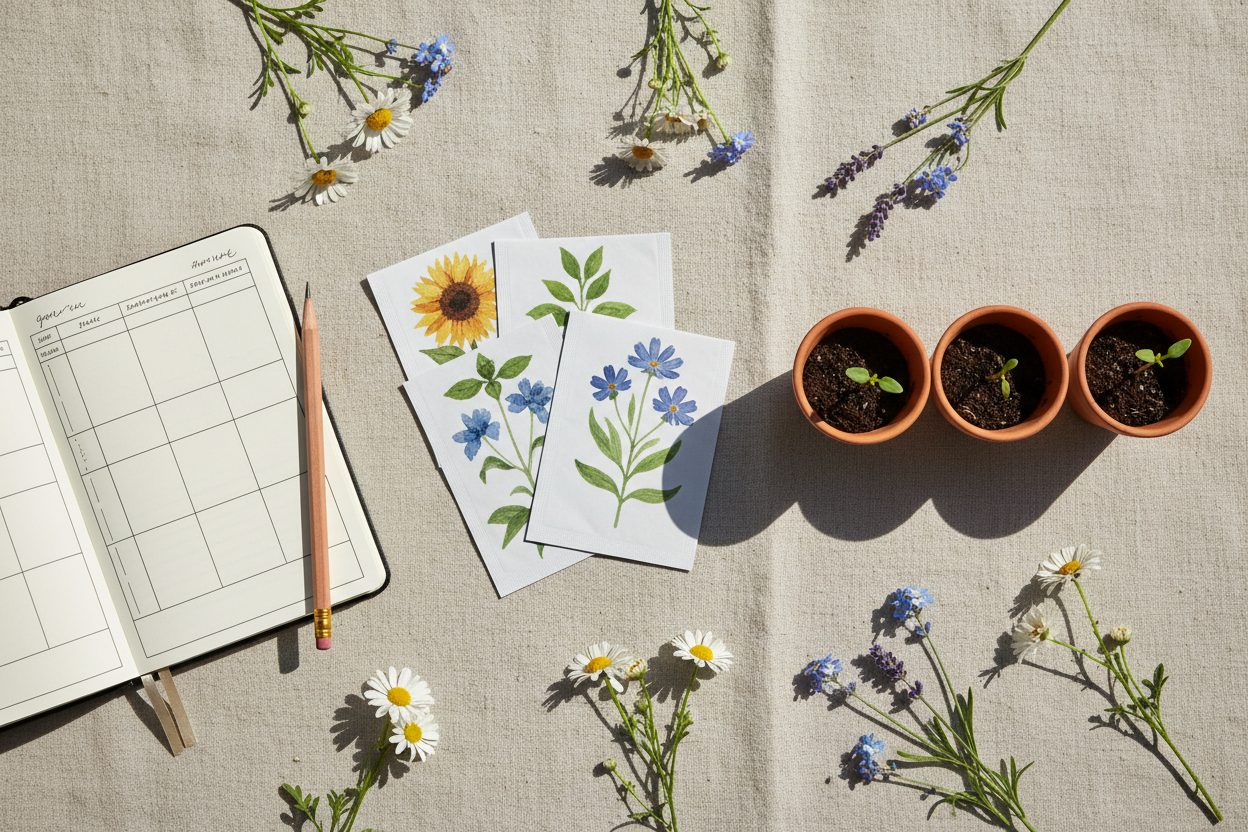 Seed packets, terracotta seedling pots with sprouting plants, and a garden planting journal arranged on a linen surface for seasonal planting planning