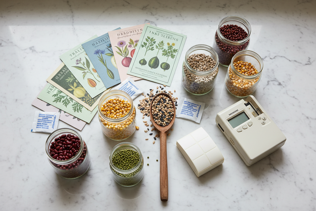 Glass mason jars filled with colorful seeds, seed packets, and silica gel desiccant packets arranged on a marble surface — proper seed storage for maximum longevity