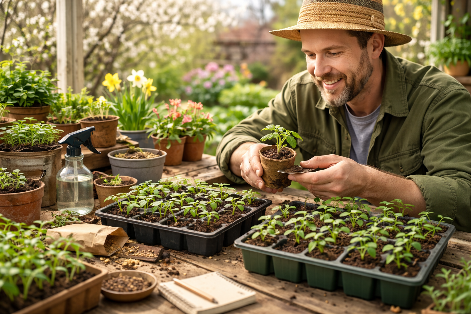 tending to seedlings in a garden setting