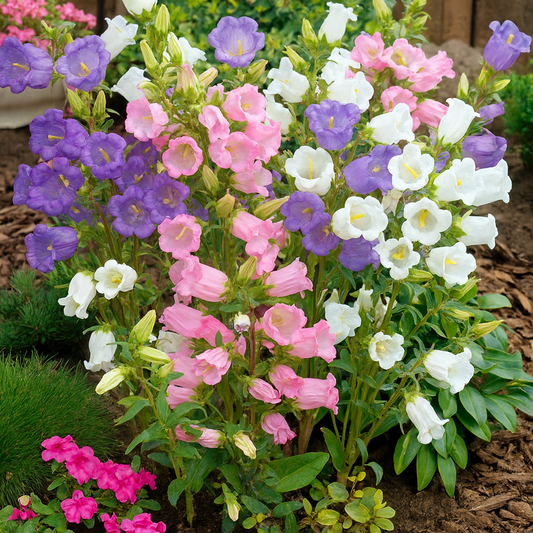 Multicolored bell-shaped flowers in a garden setting