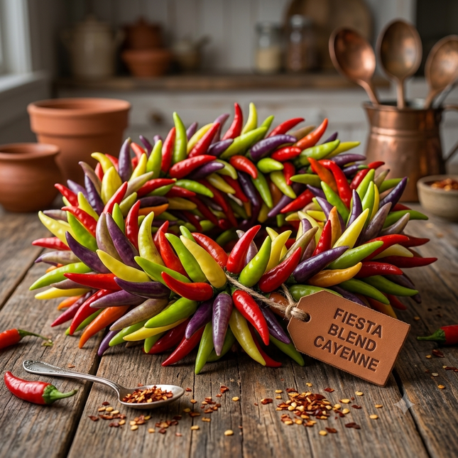 “Fiesta Blend cayenne peppers wreath with red, green, yellow, and purple peppers on rustic kitchen table, labeled ‘Fiesta Blend Cayenne’, with crushed pepper flakes in spoon. Seed World