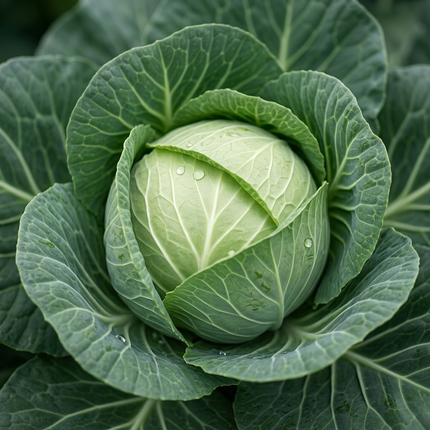Fresh green cabbage head growing in garden, close-up leaves with morning dew, healthy organic vegetable plant for harvest. Seed World