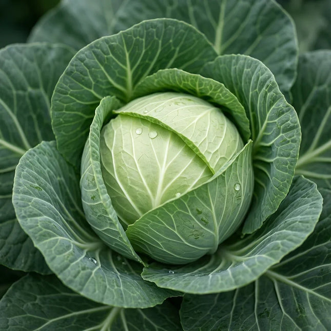 Fresh green cabbage head growing in garden, close-up leaves with morning dew, healthy organic vegetable plant for harvest. Seed World