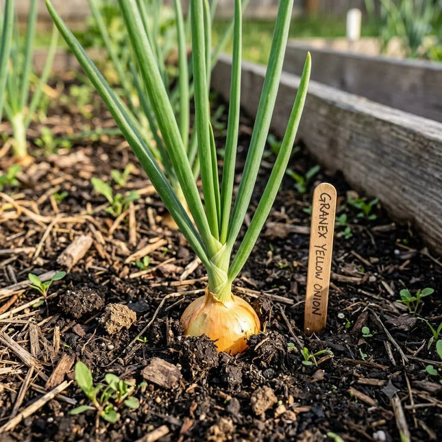 A single green onion bulb with long green leaves growing in a garden bed, with a wooden label reading 'GRAPEX YELLOW ONION' in the soil.