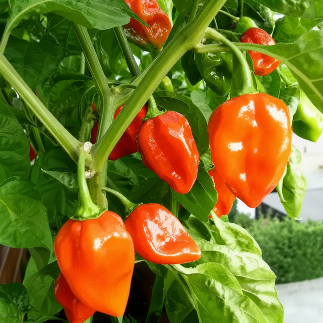 Bright orange bell peppers hanging from a green pepper plant with lush green leaves.