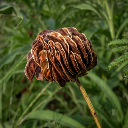 Cluster of Illinois Bundleflower (Desmanthus illinoensis) flowers and seed pods growing in a garden, perfect for pollinator-friendly landscaping and native plant gardens.