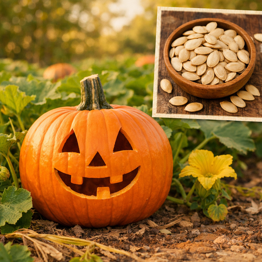 Carved pumpkin with a face in a garden setting, next to a wooden bowl of pumpkin seeds.