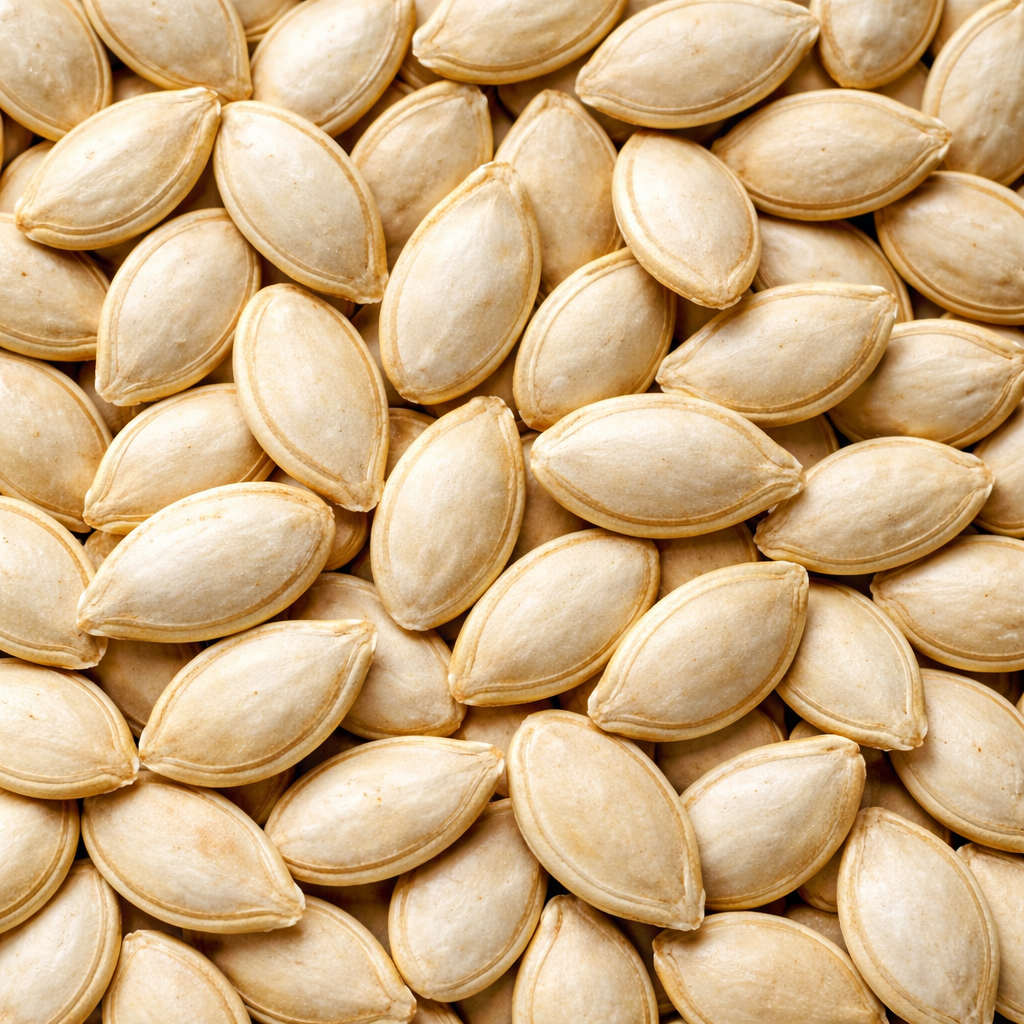 Close-up of a pile of light brown pumpkin seeds