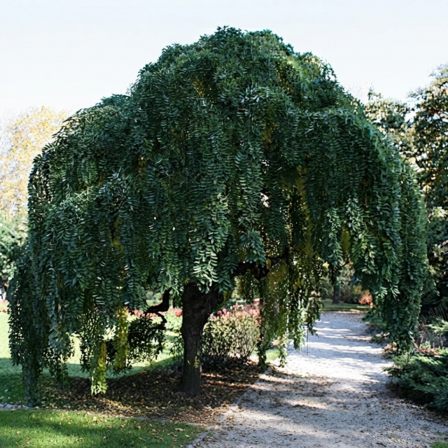Japanese Pagoda tree with lush cascading green foliage in garden pathway. Seed World