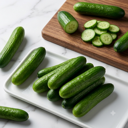 Fresh Mini-Me cucumbers on a white tray and cutting board, showing sliced and whole fruits, perfect for home gardening and fresh, bite-sized harvests. Seed World