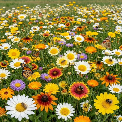vibrant mixed wildflower daisies in sunny garden with butterflies and bees. Seed World