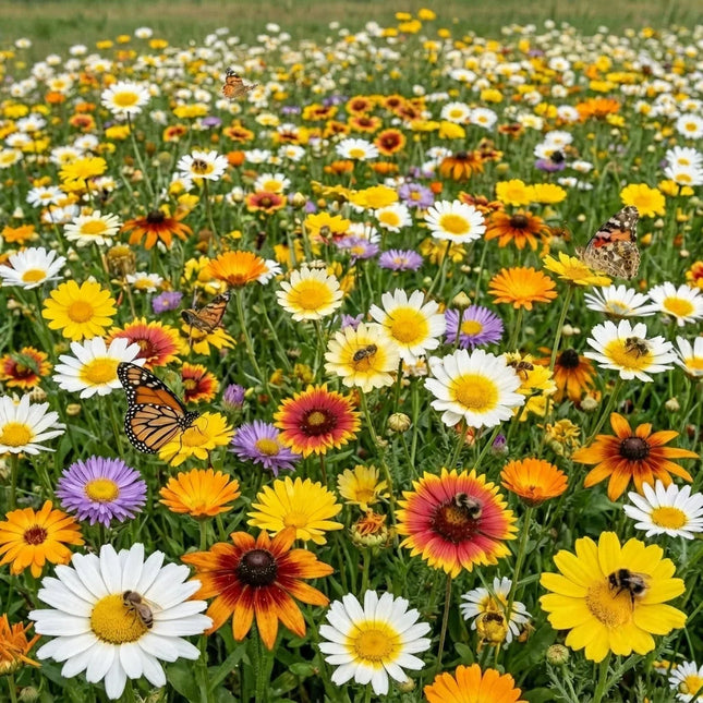 vibrant mixed wildflower daisies in sunny garden with butterflies and bees. Seed World