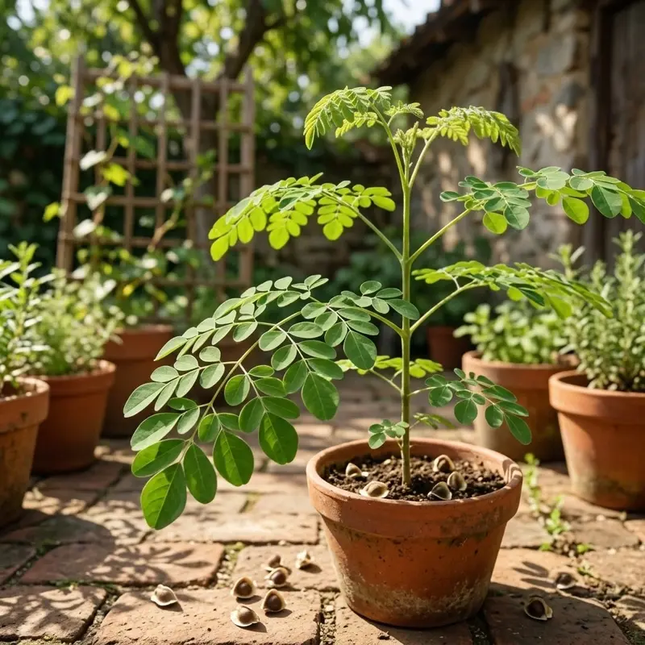 Young moringa tree seedlings in terracotta pots, healthy green leaves, scattered seeds on rustic brick patio, bright natural sunlight, garden background – Moringa Oleifera drumstick seeds growing. Seed World