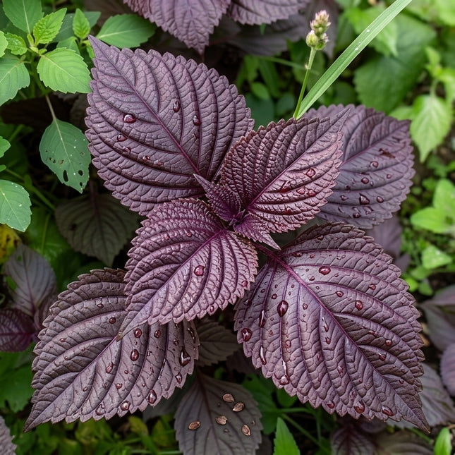 Purple Shiso herb plant with vibrant purple leaves and seeds for growing culinary and medicinal uses. Seed World