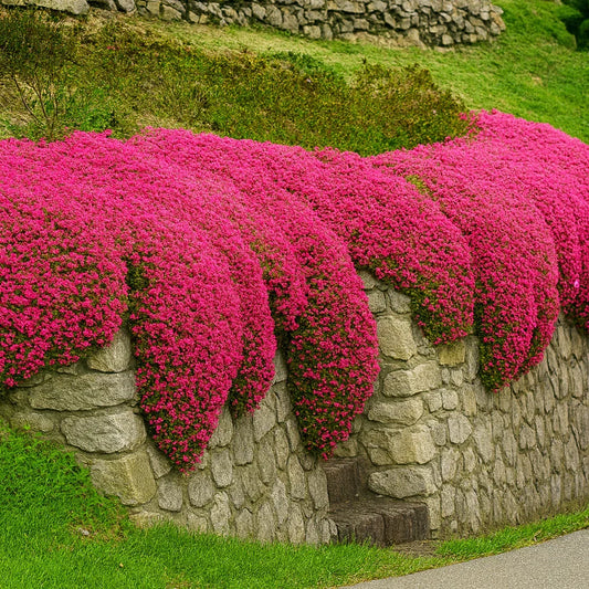 Red Creeping Thyme flowering bush growing over a stone wall in a garden setting