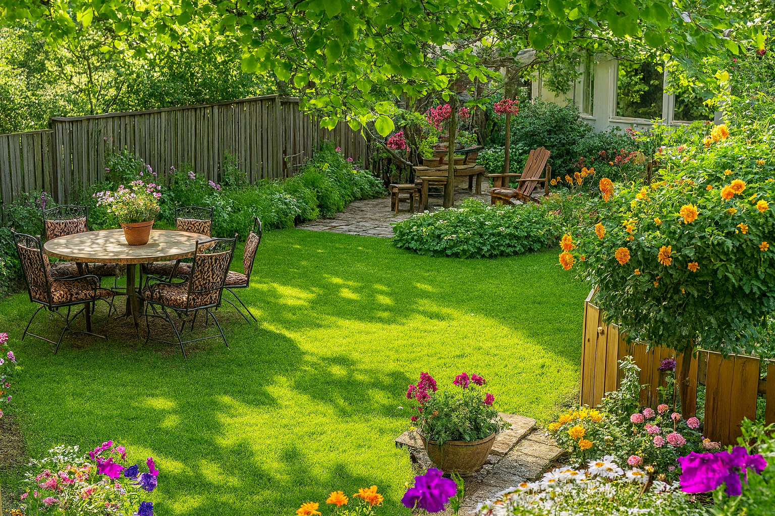 Backyard garden with various plants and flowers.