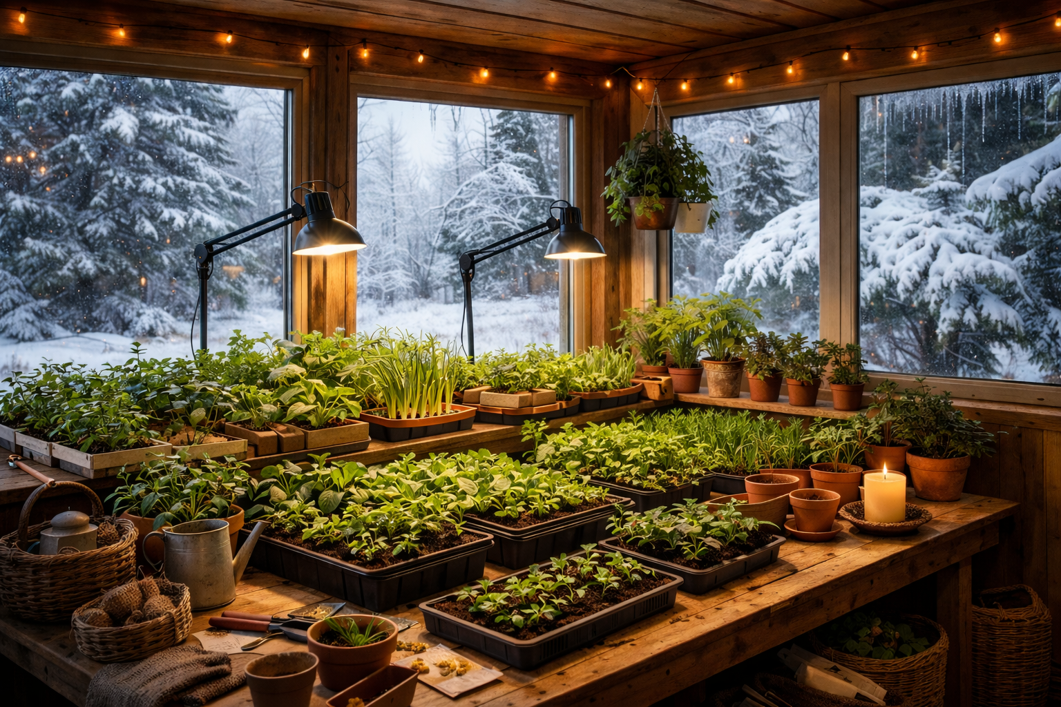 Indoor gardening setup with plants and tools near large windows showing a snowy outdoor scene.