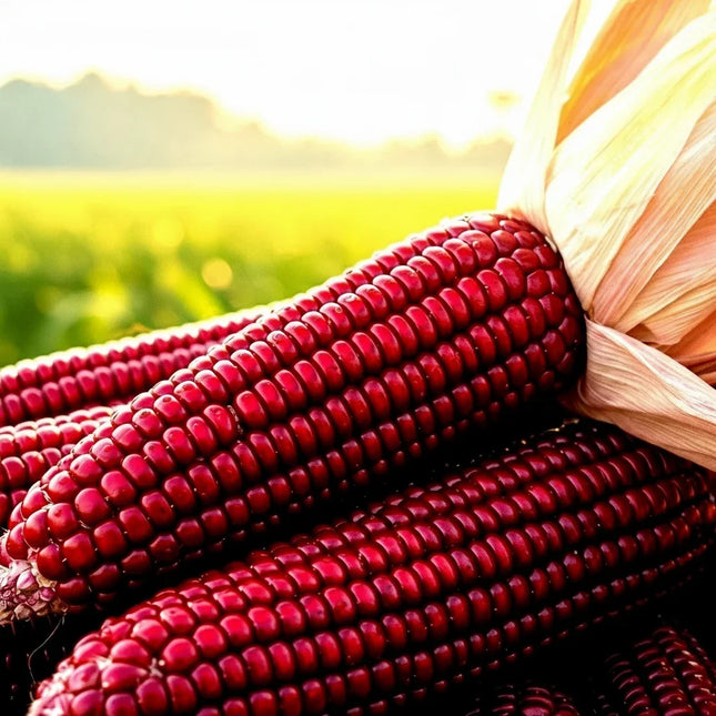 Strawberry Ruby Corn with deep red kernels, perfect for ornamental gardens, fall décor, and heirloom corn growing. Seed World