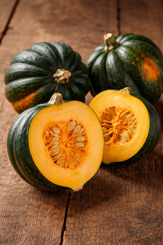 Acorn squash with one cut open on a wooden surface