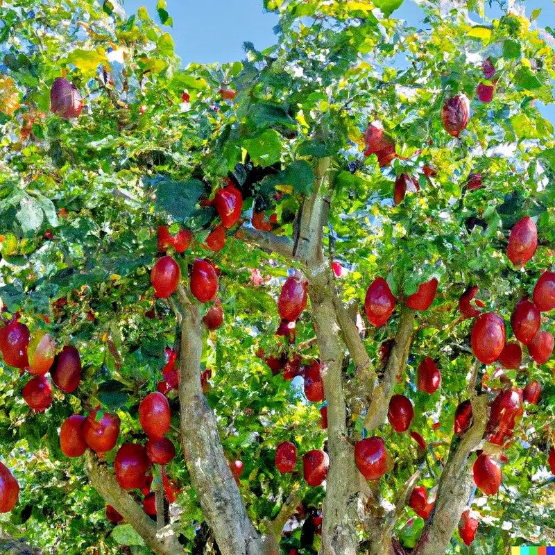 Tree with red fruits against a blue sky
