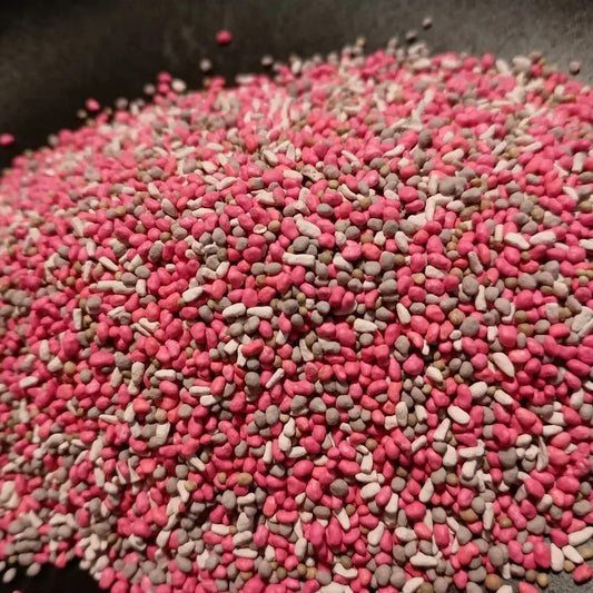 Wildlife food plot seed mix with coated chicory, alfalfa, and clover seeds
