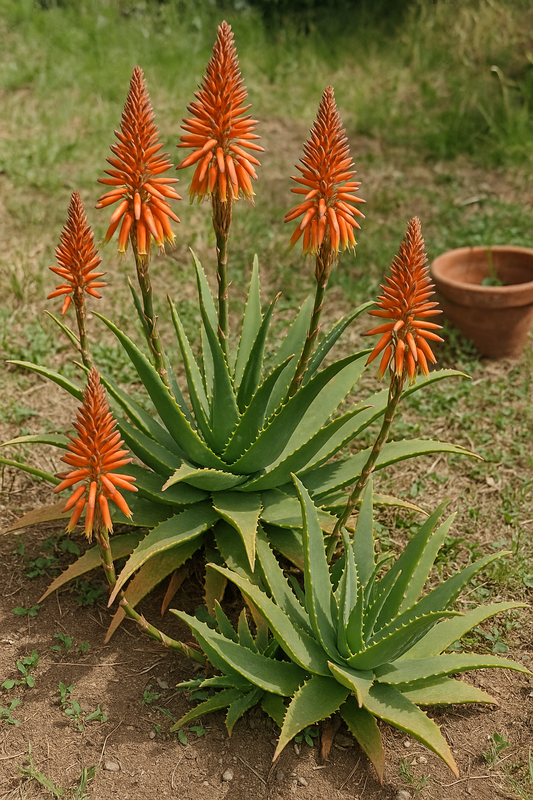 Aloe Arborescens plant blooming with red-orange flower spikes