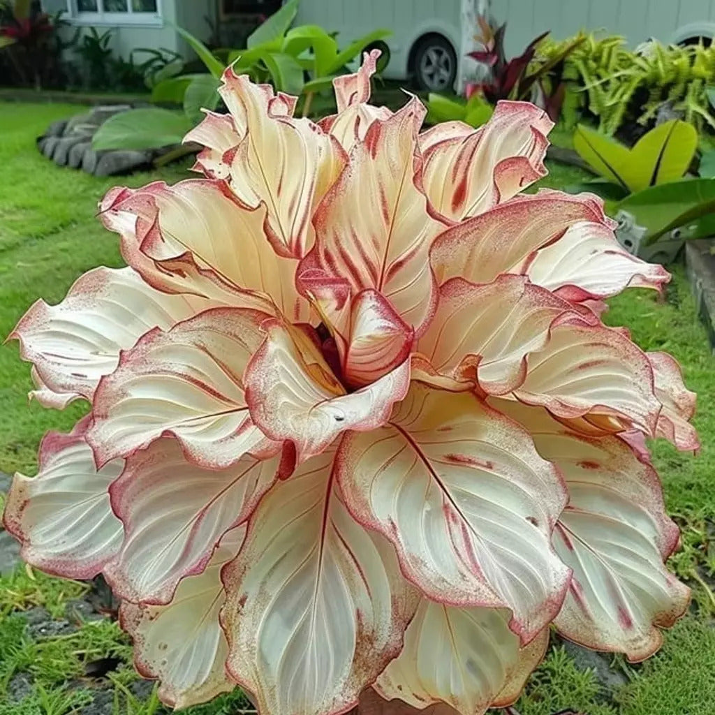 Creamy white Calathea with curly edges and pink veins