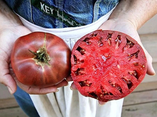 Ripe Cherokee Purple tomato with a cut half showing its interior