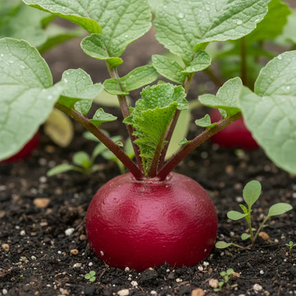 A close-up of a round red radish partially in the soil, with green leaves and stems rising above it.