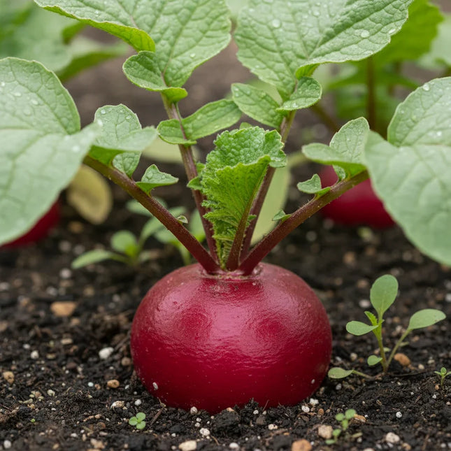 A close-up of a round red radish partially in the soil, with green leaves and stems rising above it.