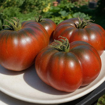 	Dark red heirloom-style climbing tomatoes on a plate