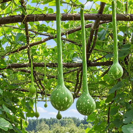 Long-handled Dipper gourds hanging from a garden trellis, enhanced from the supplier photograph