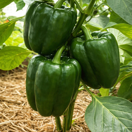Emerald Giant sweet green bell peppers growing on a plant