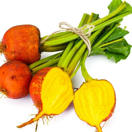 Golden Detroit beet roots and a cut root showing golden yellow flesh