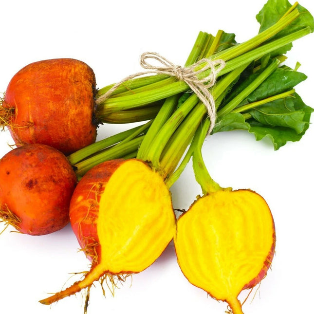 Golden Detroit beet roots and a cut root showing golden yellow flesh