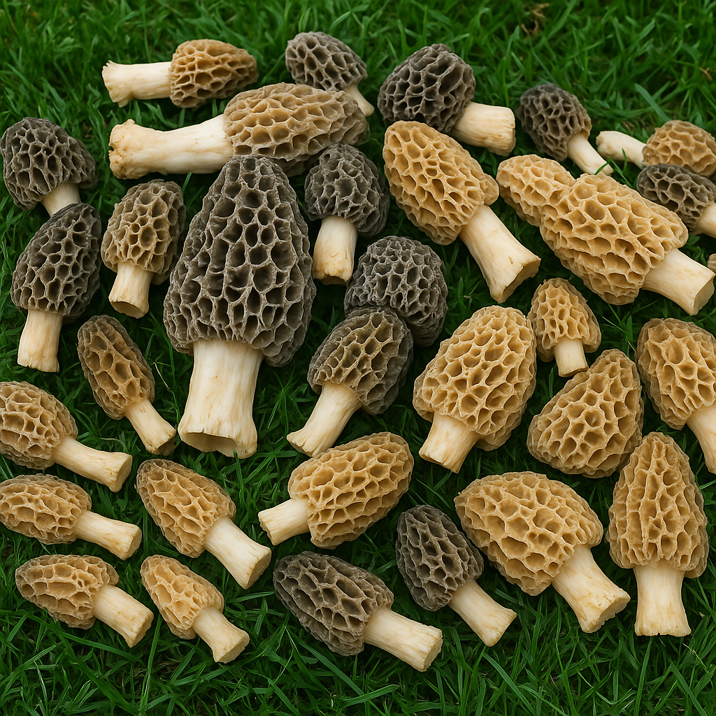 	Fresh morel mushrooms on grass background