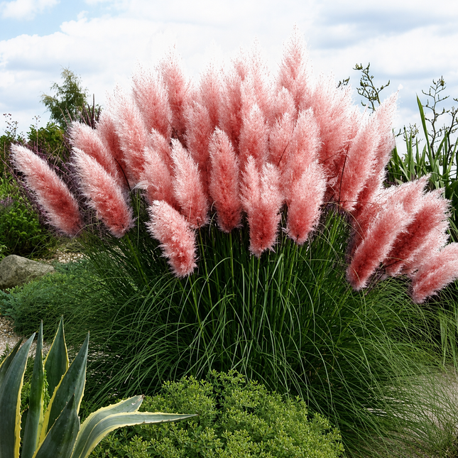 Pink pampas grass plumes in a garden