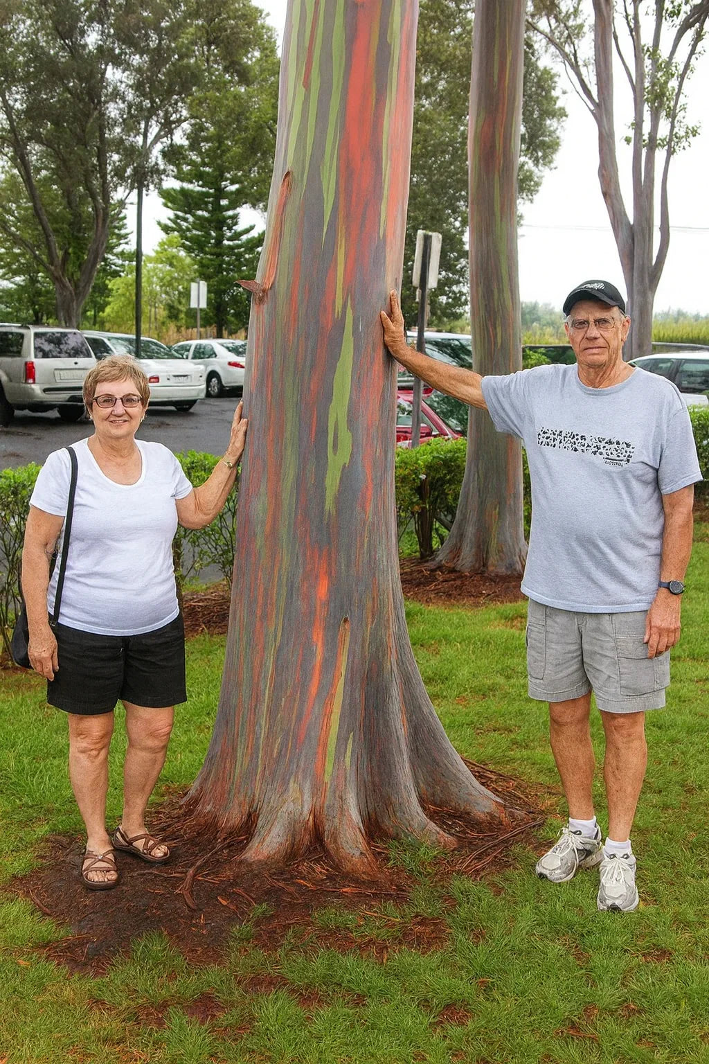Two people standing next to a rainbow eucalyptus tree in a park-like setting.